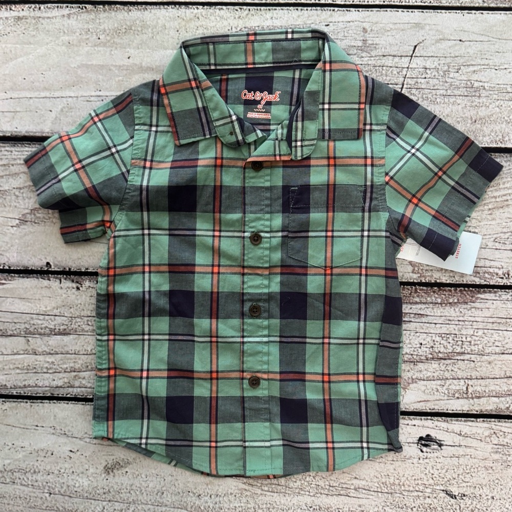 Cat & Jack Boys Green Plaid Button Down Shirt 3T NWT Stretch - Picture 2 of 7